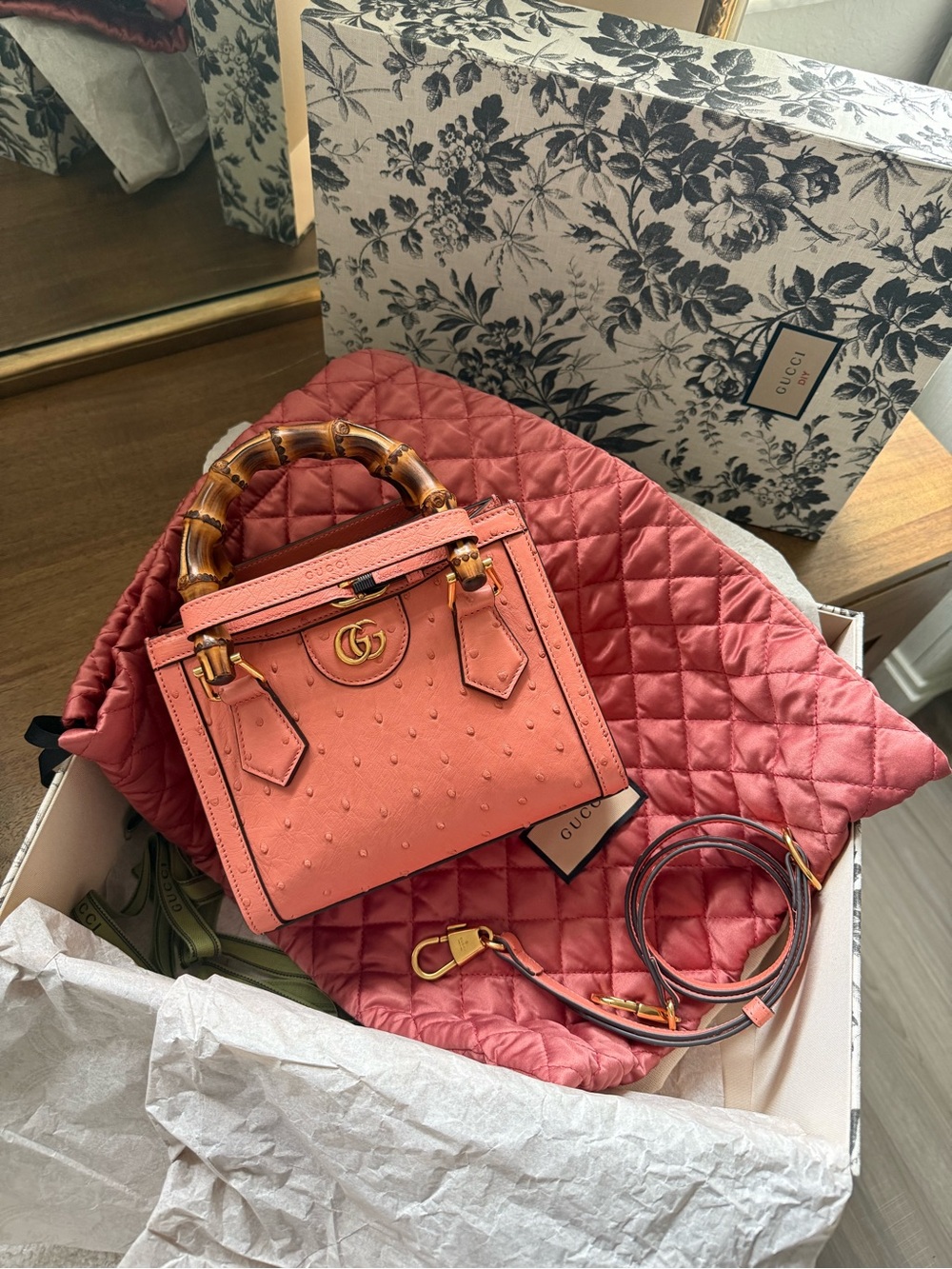 Gucci Pink Ultra-rare limited-edition Ostrich Leather Small Diana Bamboo Tote